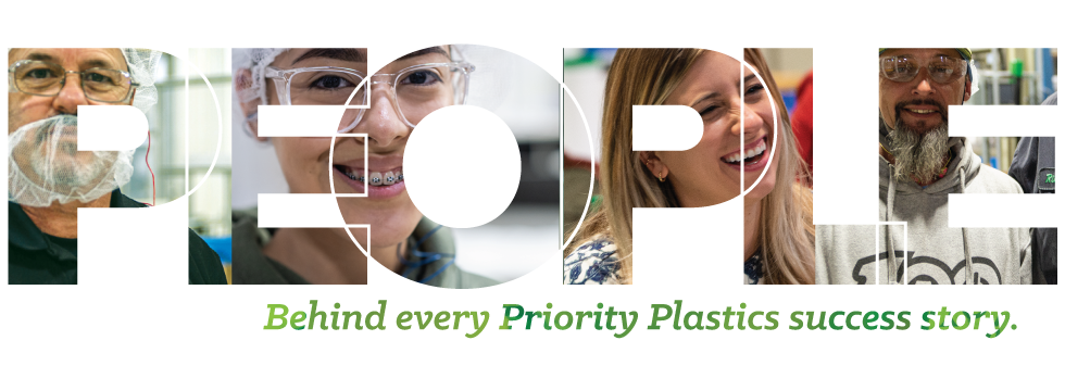 a photo with the word "people" filled in by the photos of four people all smiling, with the words "Behind every Priority Plastics success story." at the bottom of the image